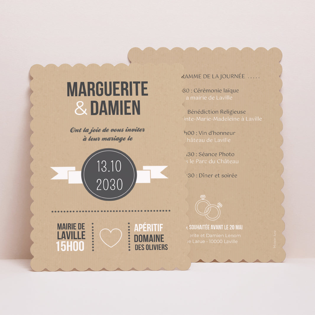 Faire-part Mariage Portrait, bords biscuit Alliances Fond Kraft photo N° 1