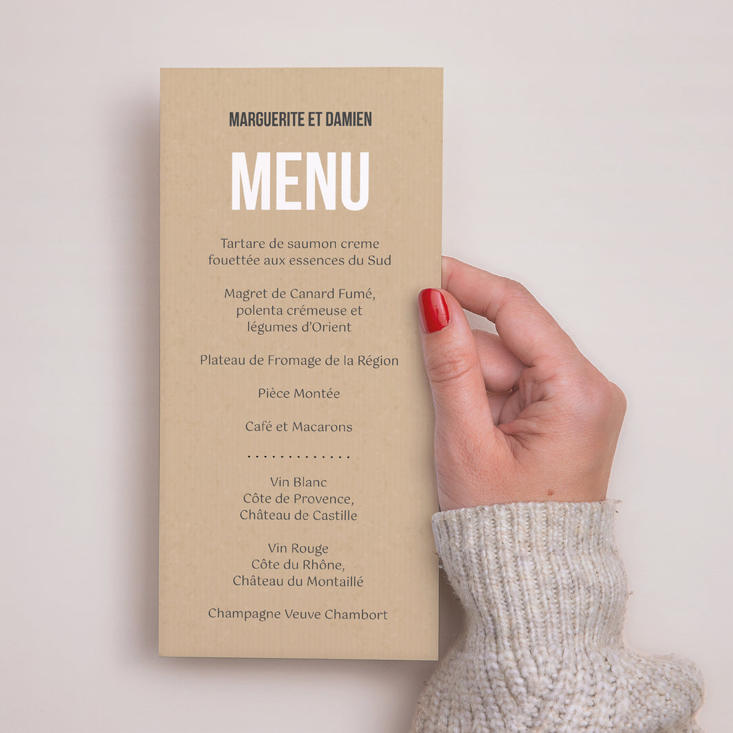 Menu Mariage Panoramique portrait Alliances Fond Kraft photo N° 2