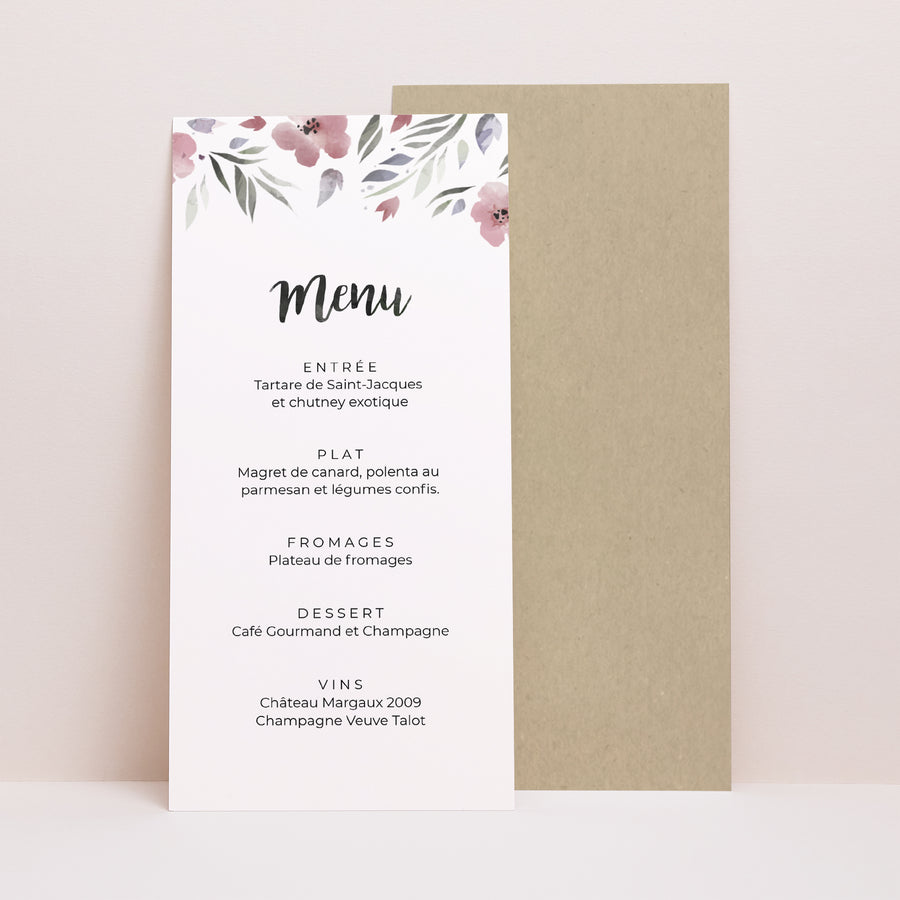 Menu Mariage Panoramique portrait Fleurs romantiques photo