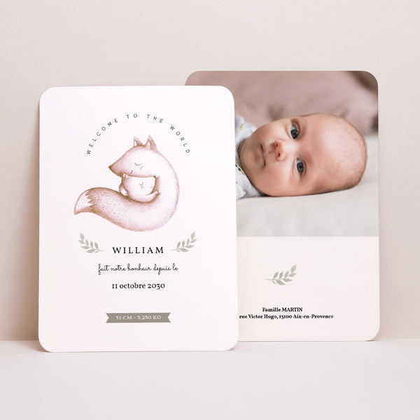 Faire-part Naissance Portrait, bords arrondis Renardeau photo