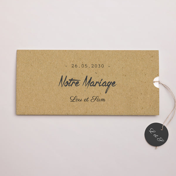 Faire-part Mariage Pochette 2 cartes, étiquette Traits & Kraft photo