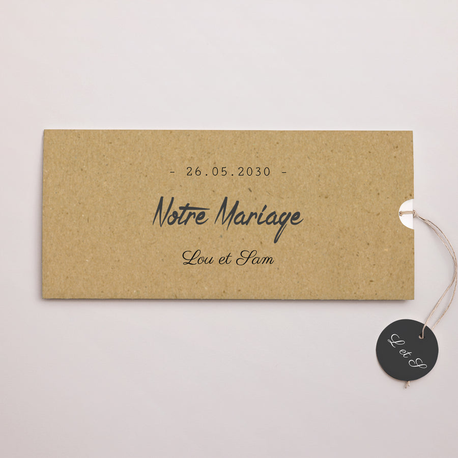 Faire-part Mariage Pochette 2 cartes, étiquette Traits & Kraft photo
