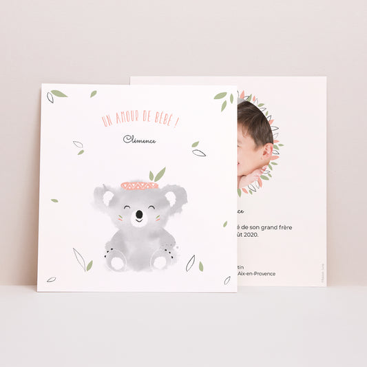 Faire-part Naissance Carré Koala Rose photo