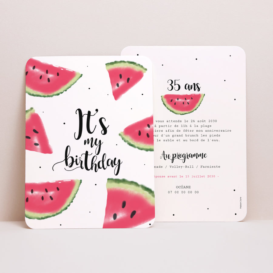 Invitations Anniversaire Adulte Portrait, bords arrondis Pastèque photo