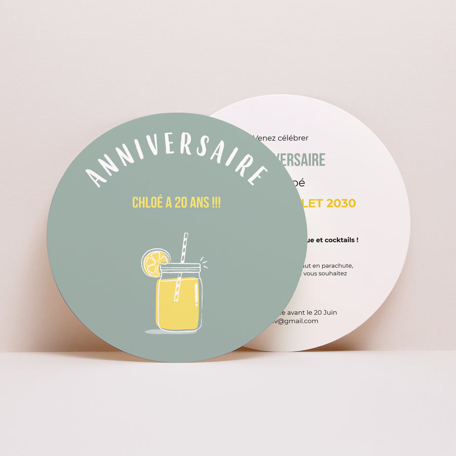 Invitations Anniversaire Adulte Rond Bar à limonade photo