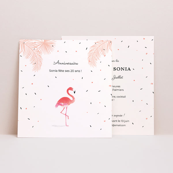 Invitations Anniversaire Adulte Carré Flamant-Rose Fiesta photo