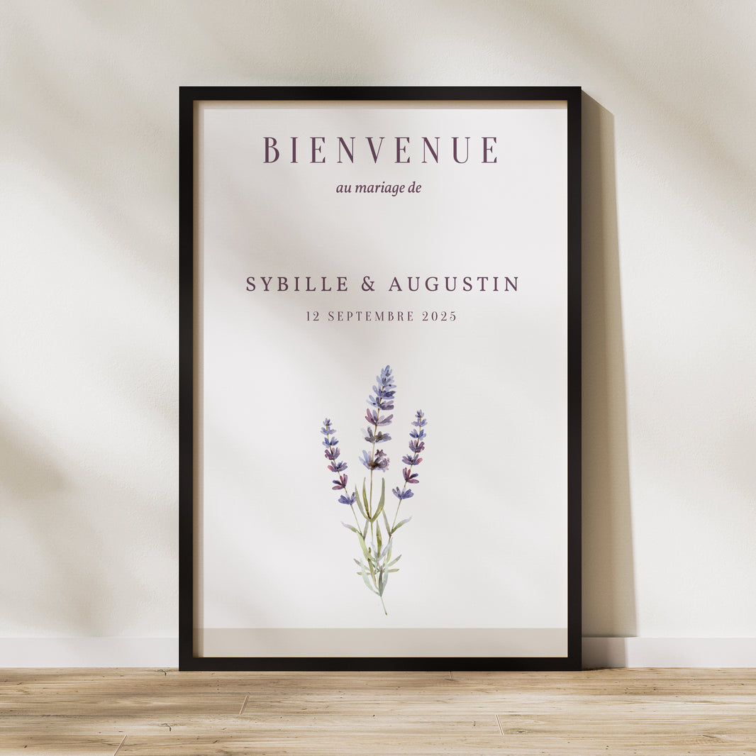 Panneau bienvenue Mariage Portrait 60 x 90 cm Bouquet de Lavande photo N° 1