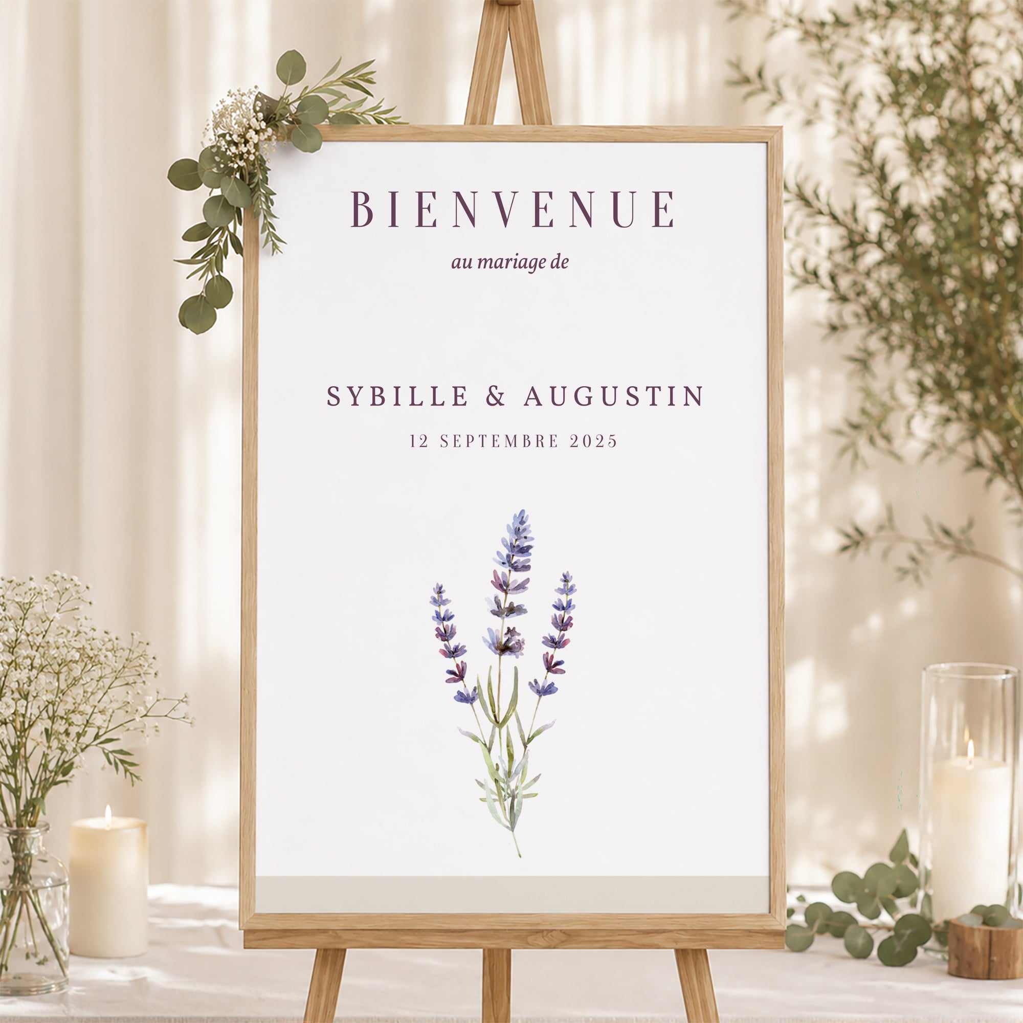 Panneau bienvenue Mariage Portrait 60 x 90 cm Bouquet de Lavande photo N° 1