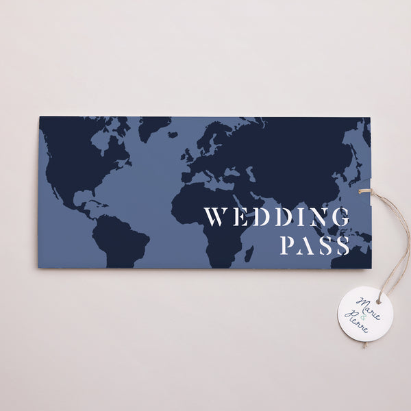 Faire-part Mariage Pochette 2 cartes, étiquette Blue Wedding Pass photo