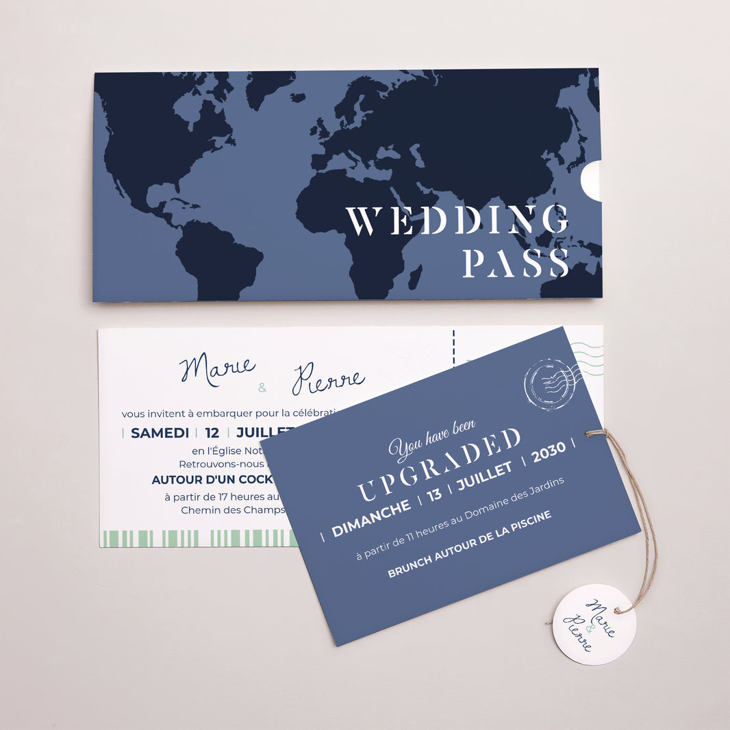 Faire-part Mariage Pochette 2 cartes, étiquette Blue Wedding Pass photo N° 3