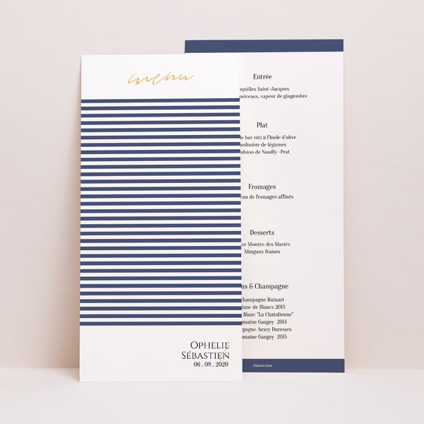 Menu Mariage Panoramique portrait Marinière or bleu photo
