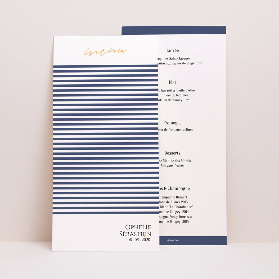 Menu Mariage Panoramique portrait Marinière or bleu photo