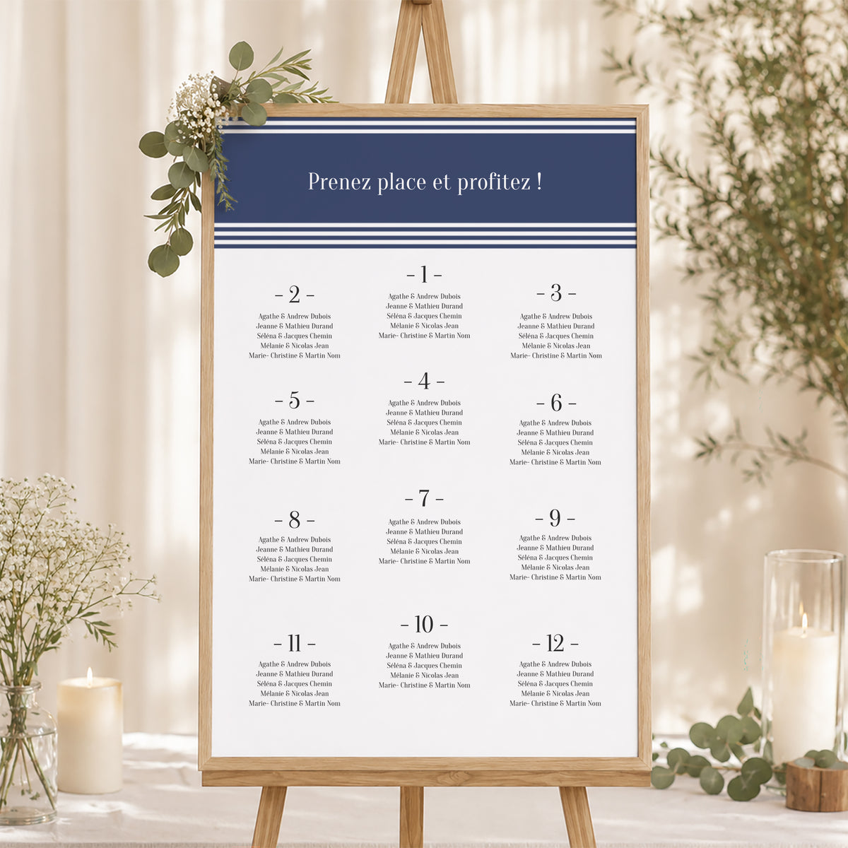 Plan de table Mariage Portrait 60 x 90 cm Marinière or bleu photo N° 1
