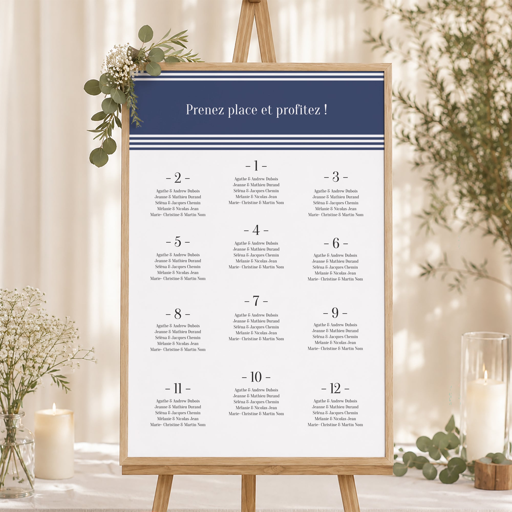 Plan de table Mariage Portrait 60 x 90 cm Marinière or bleu photo N° 1