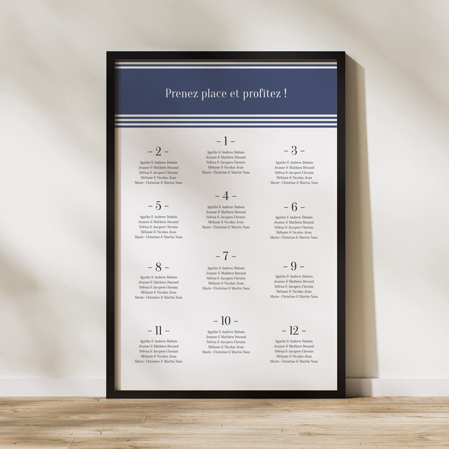 Plan de table Mariage Portrait 60 x 90 cm Marinière or bleu photo