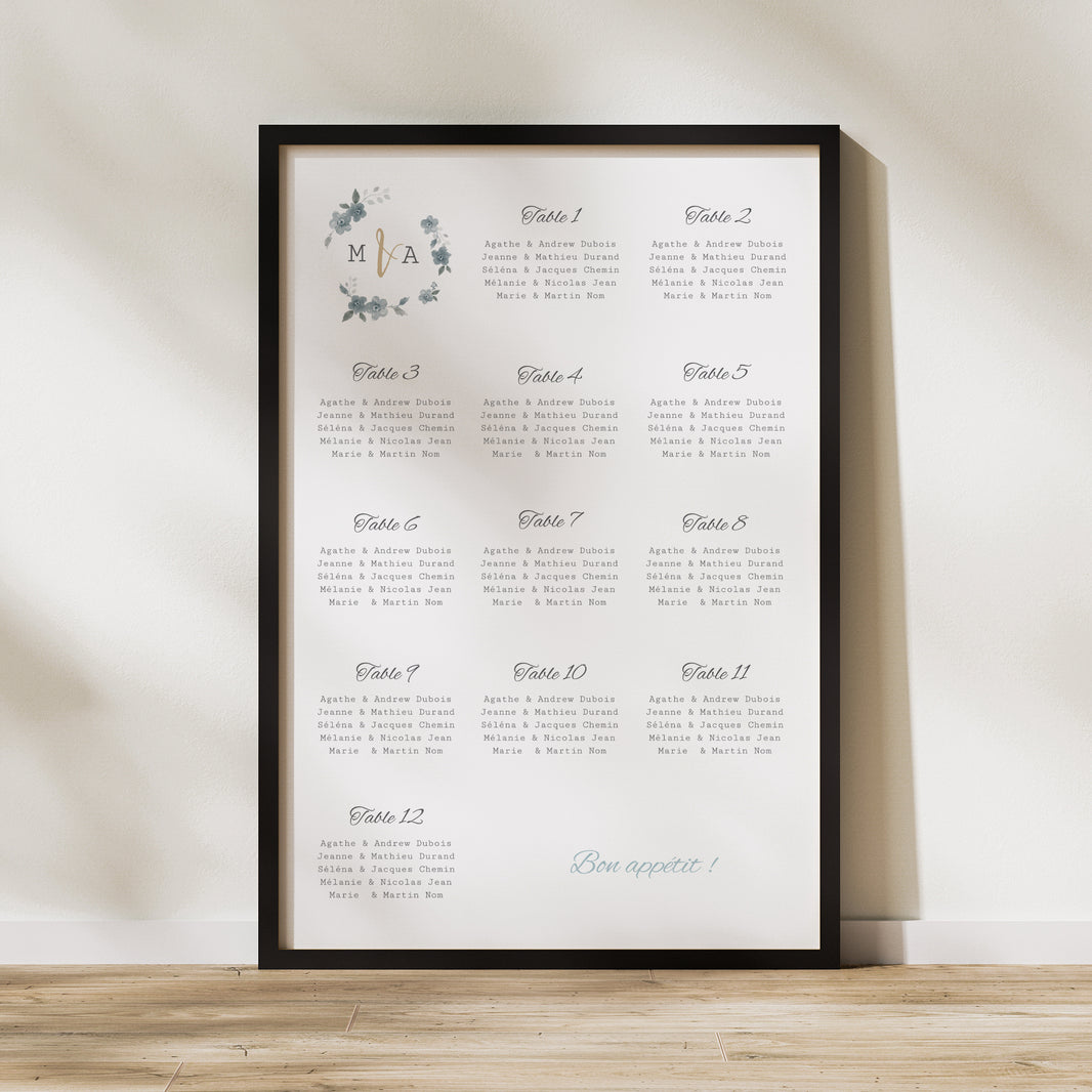 Plan de table Mariage Portrait 60 x 90 cm Bleu botanique photo N° 1