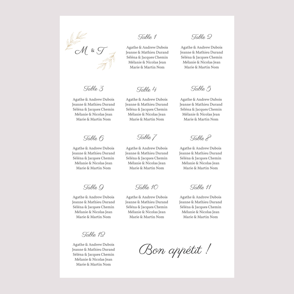 Plan de table Mariage Portrait 60 x 90 cm Végétal minimal photo N° 2