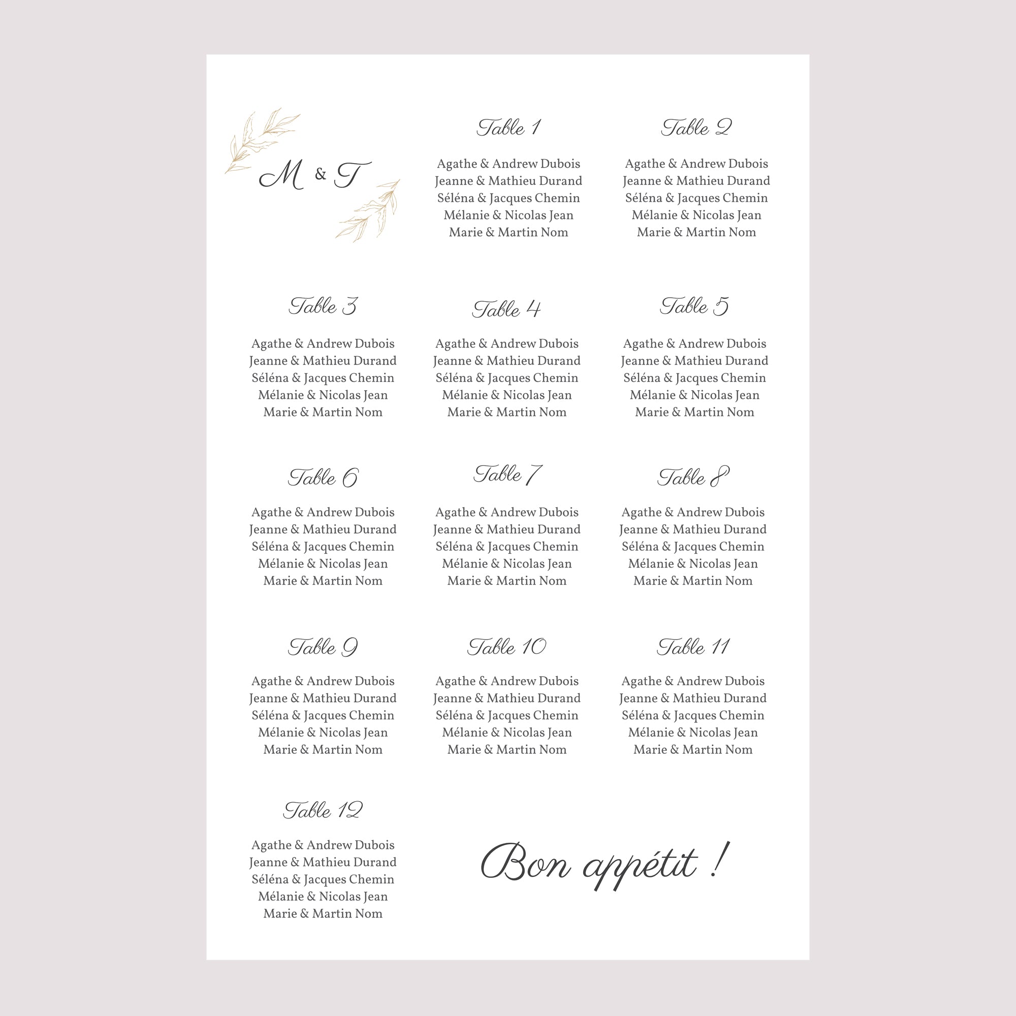 Plan de table Mariage Portrait 60 x 90 cm Végétal minimal photo N° 2