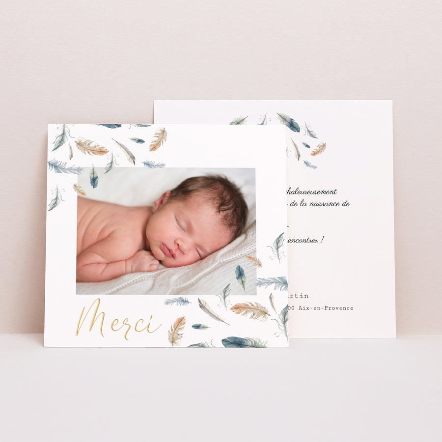 Remerciements Naissance Carré Plumes Aquarelle photo