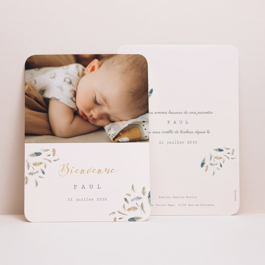 Faire-part Naissance Portrait, bords arrondis Plumes Aquarelle photo