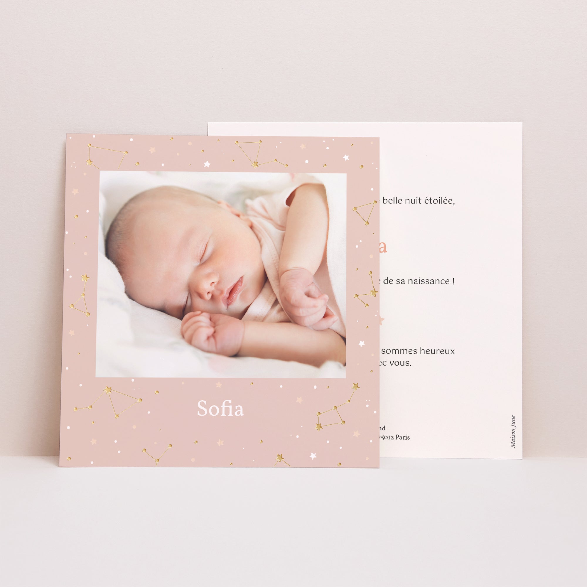 Faire-part Naissance Carré Voûte Céleste rose photo N° 1
