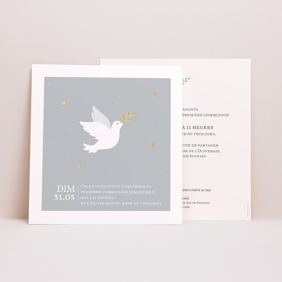 Faire-part Communion Carré Holly spirit gris photo