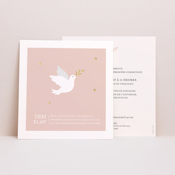 Faire-part Communion Carré Holy Spirit Rose photo