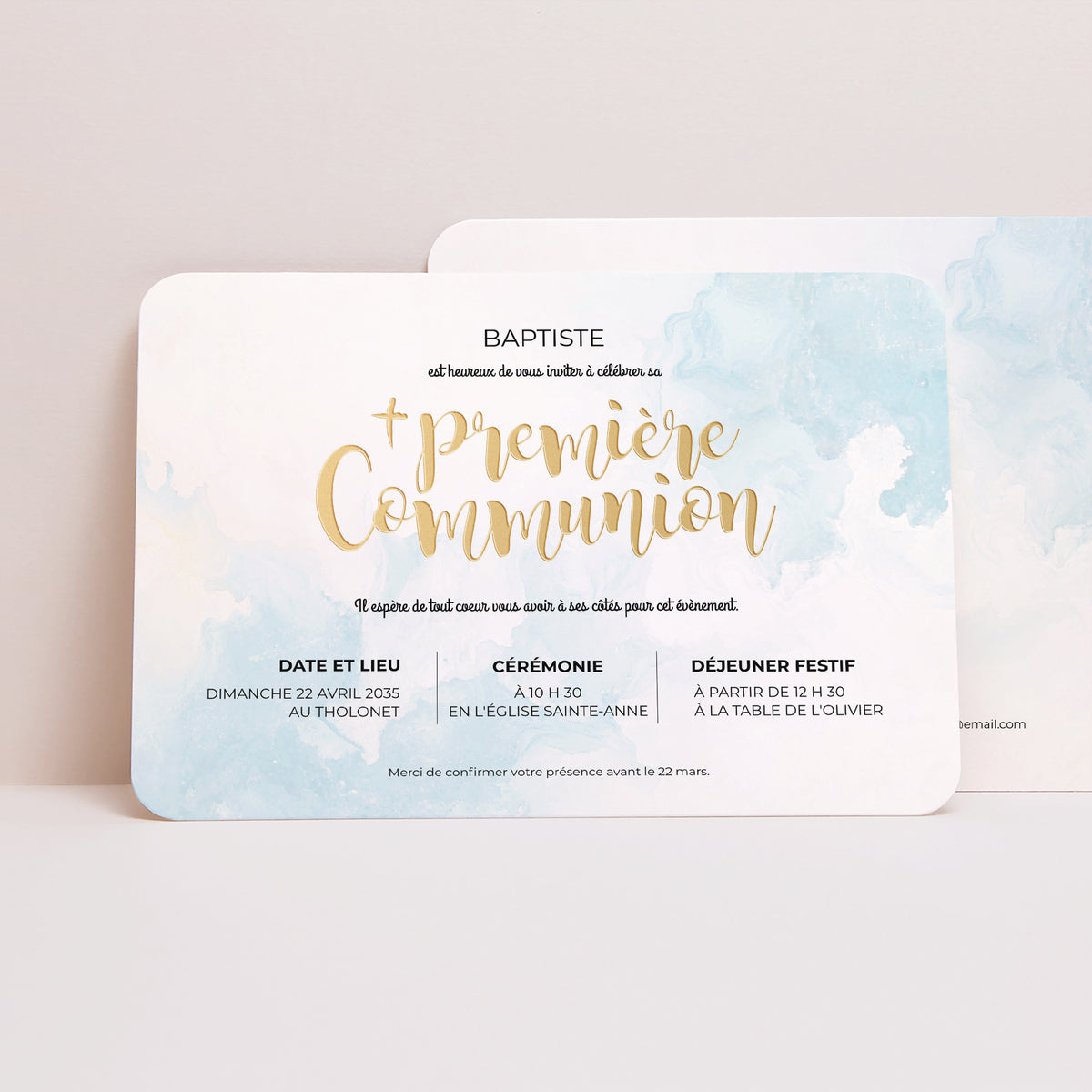 Faire-part Communion Paysage, bords arrondis Aquarelle d'or photo