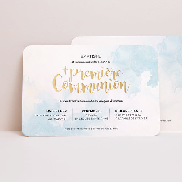 Faire-part Communion Paysage, bords arrondis Aquarelle d'or photo
