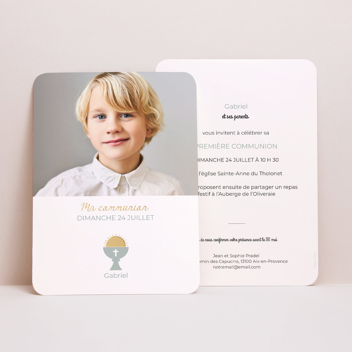 Faire-part Communion Portrait, bords arrondis Ciboire photo