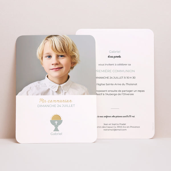 Faire-part Communion Portrait, bords arrondis Ciboire photo