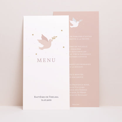 Menu Baptême Panoramique portrait Colombe rose photo N° 1