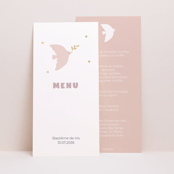 Menu Baptême Panoramique portrait Colombe rose photo