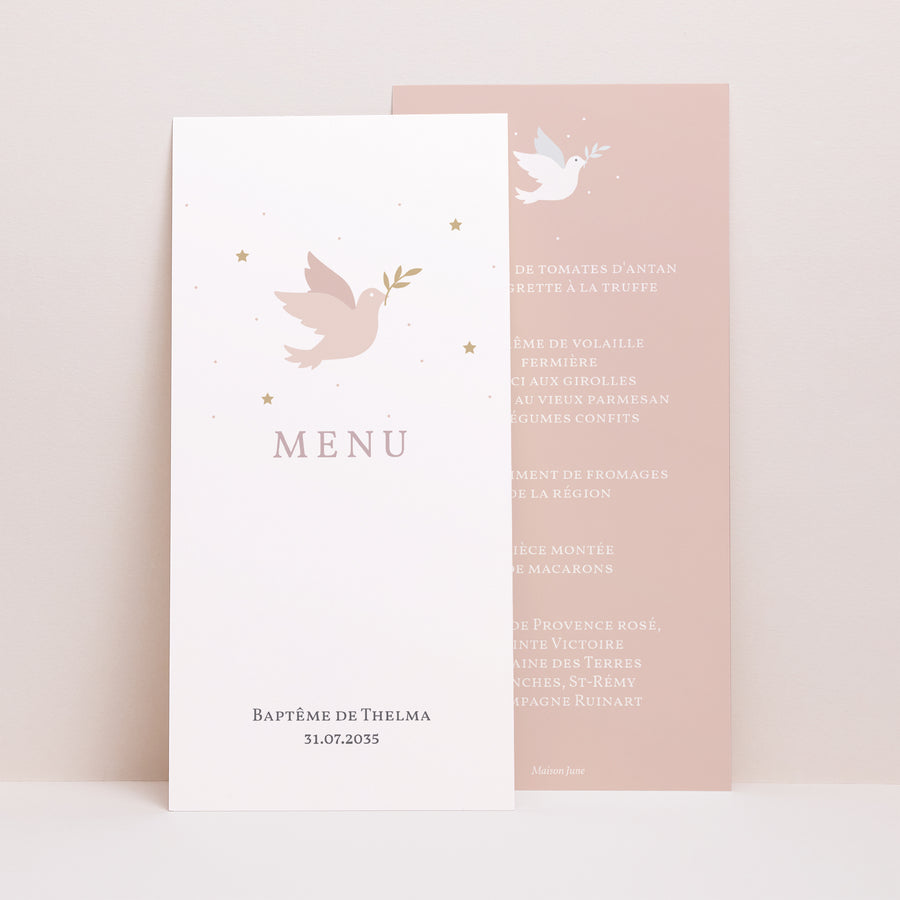 Menu Baptême Panoramique portrait Colombe rose photo