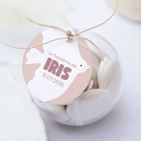 Boîte à dragées Baptême boule avec étiquette ronde Colombe rose photo