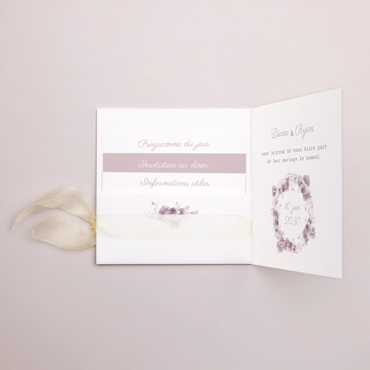 Faire-part Mariage Pochette carrée, 3 cartes, étiquette Vintage Chic Rose photo N° 2