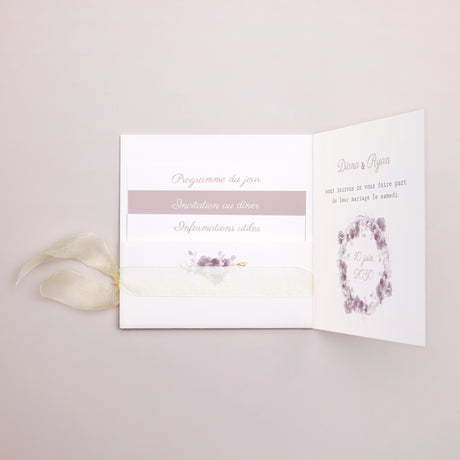 Faire-part Mariage Pochette carrée, 3 cartes, étiquette Vintage Chic Rose