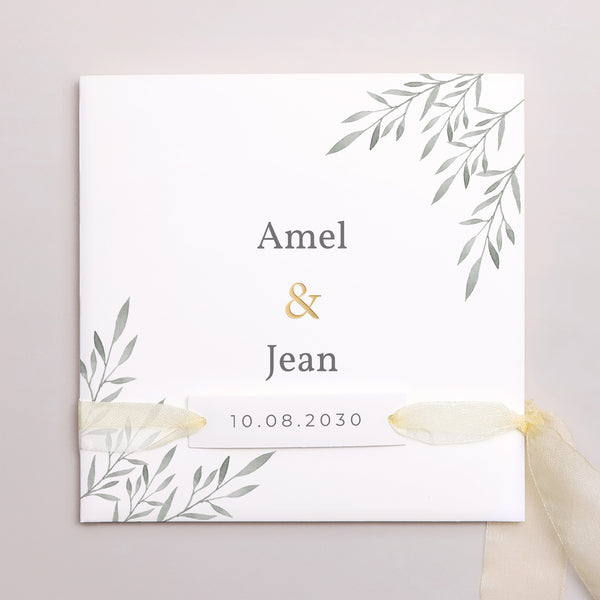 Faire-part Mariage Pochette carrée, 3 cartes, étiquette Rameaux Aquarelle photo