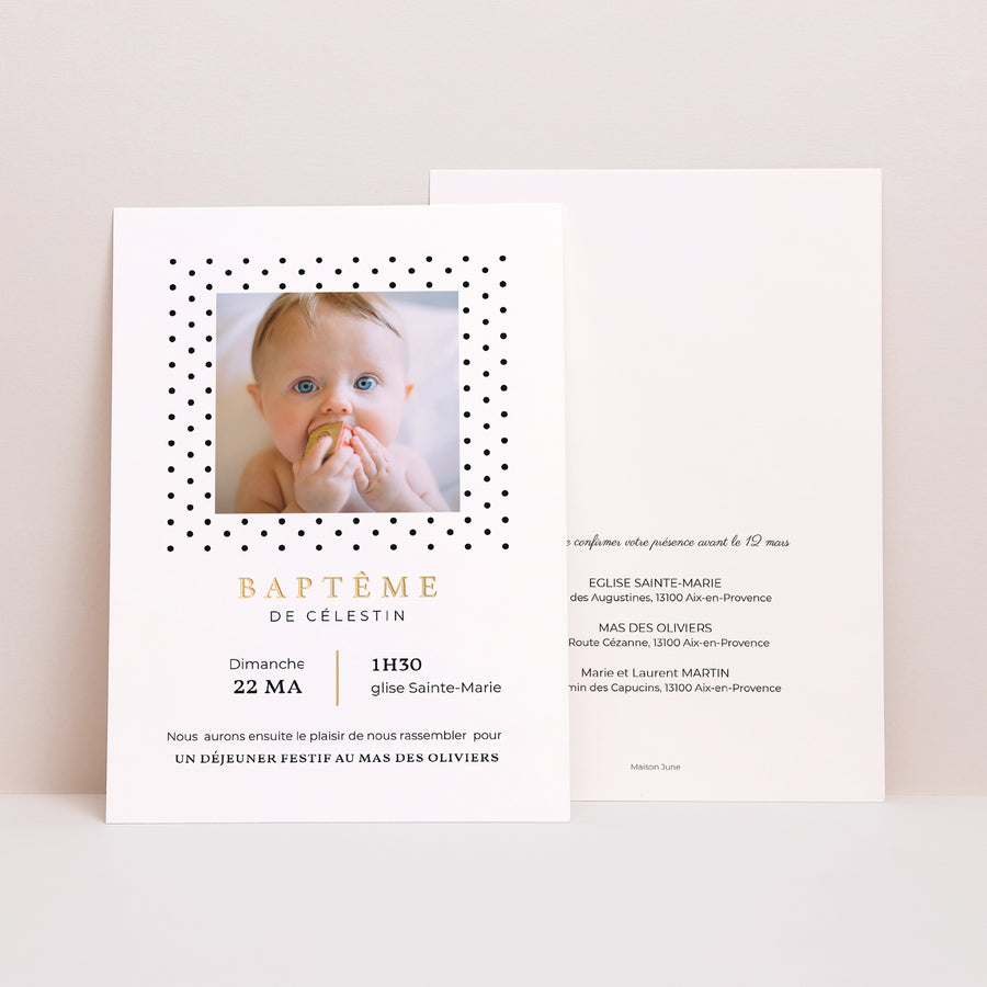Faire-part Baptême Portrait Confetti noirs photo