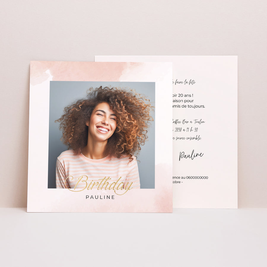 Invitations Anniversaire Adulte Carré Rose et Or poudré photo