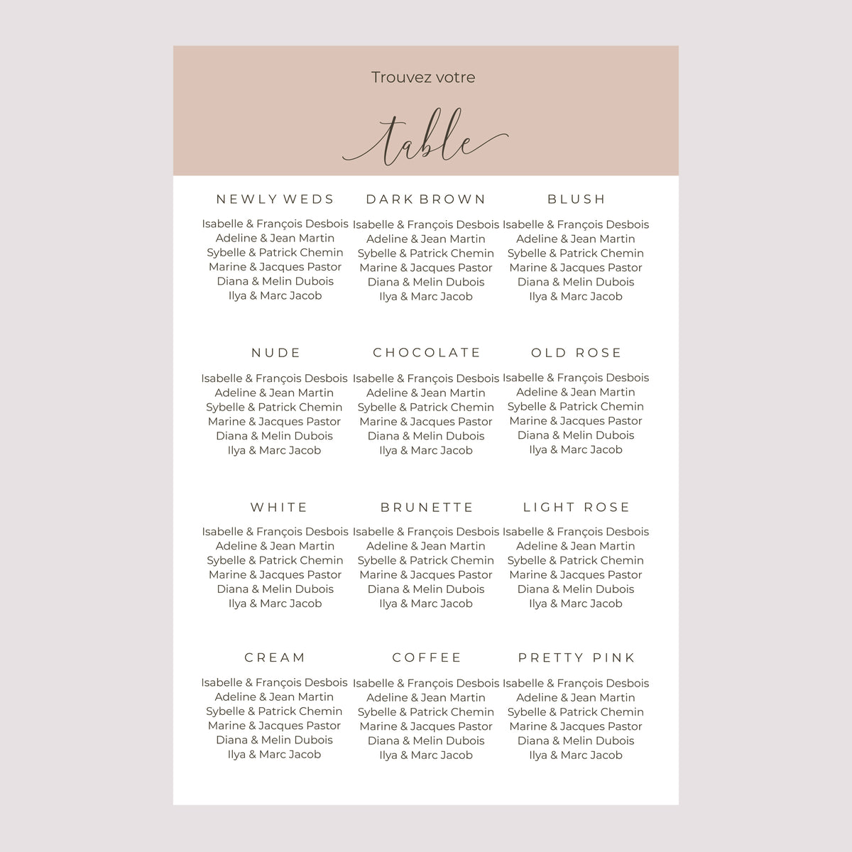 Plan de table Mariage Portrait 60 x 90 cm Nude Chic photo N° 2