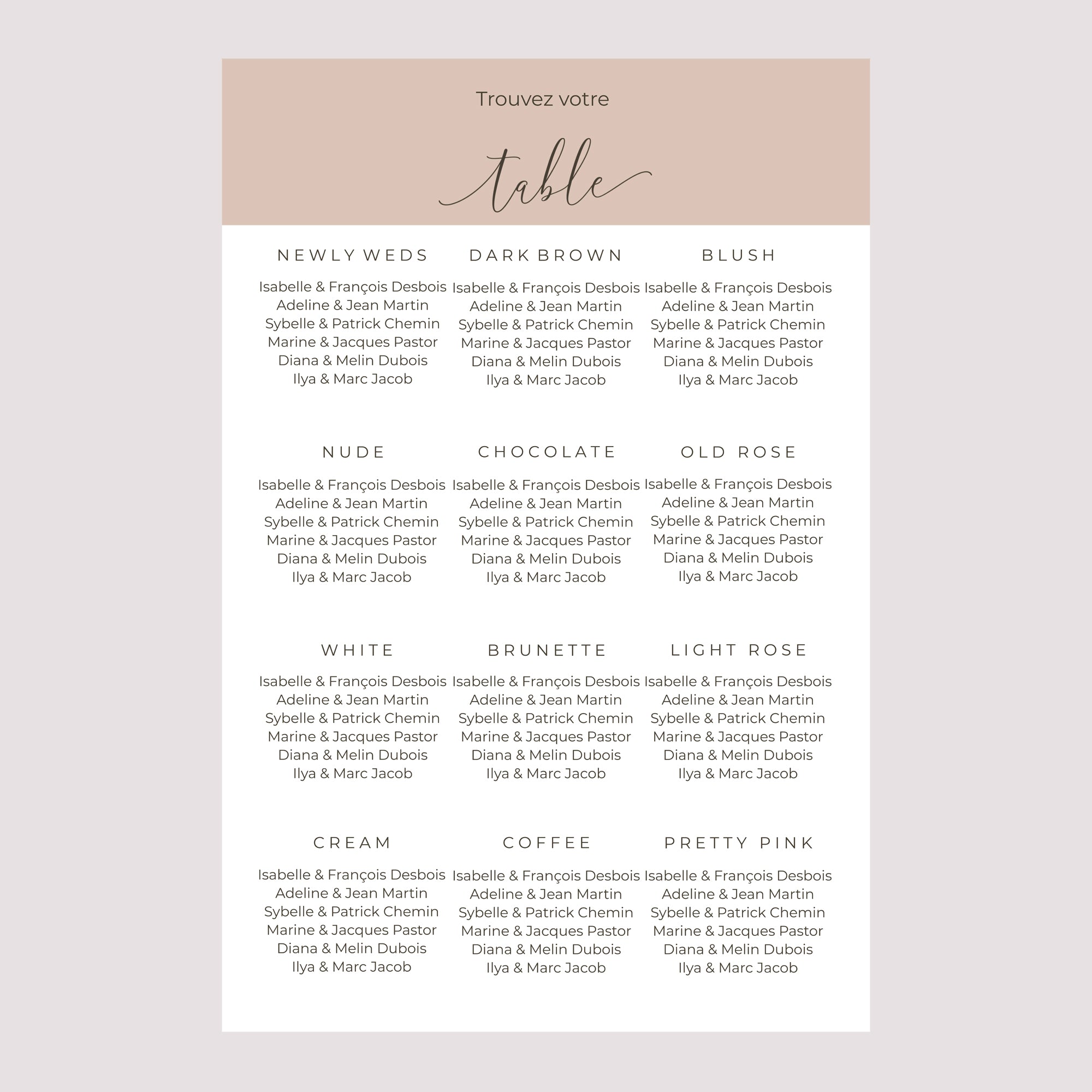 Plan de table Mariage Portrait 60 x 90 cm Nude Chic photo N° 2