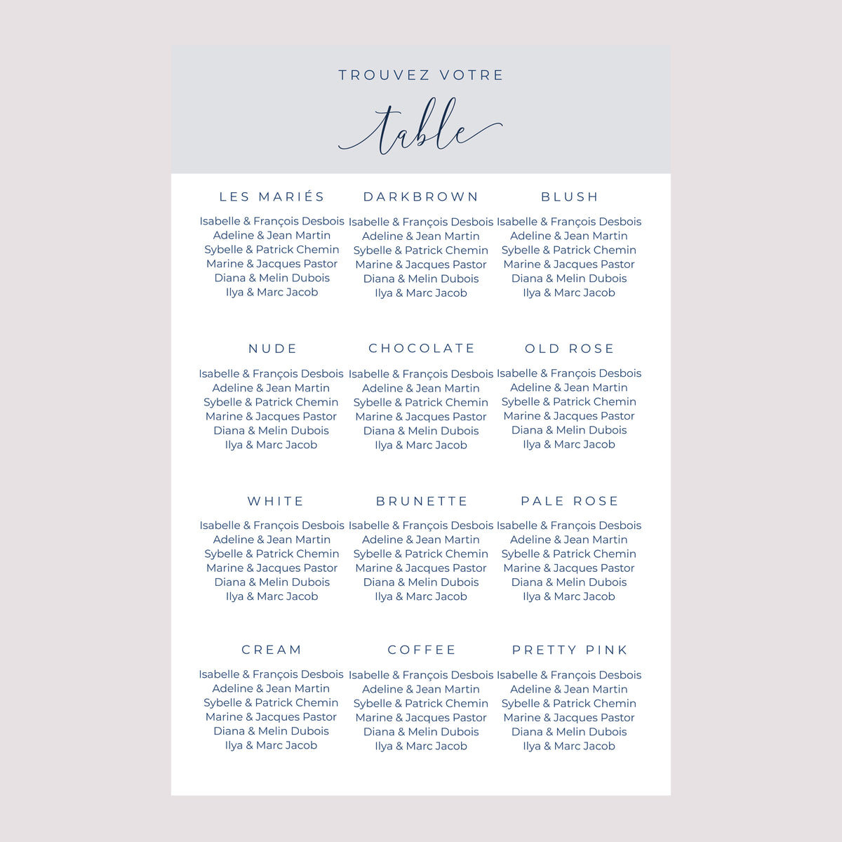 Plan de table Mariage Portrait 60 x 90 cm Nude & Marine Chic photo N° 2