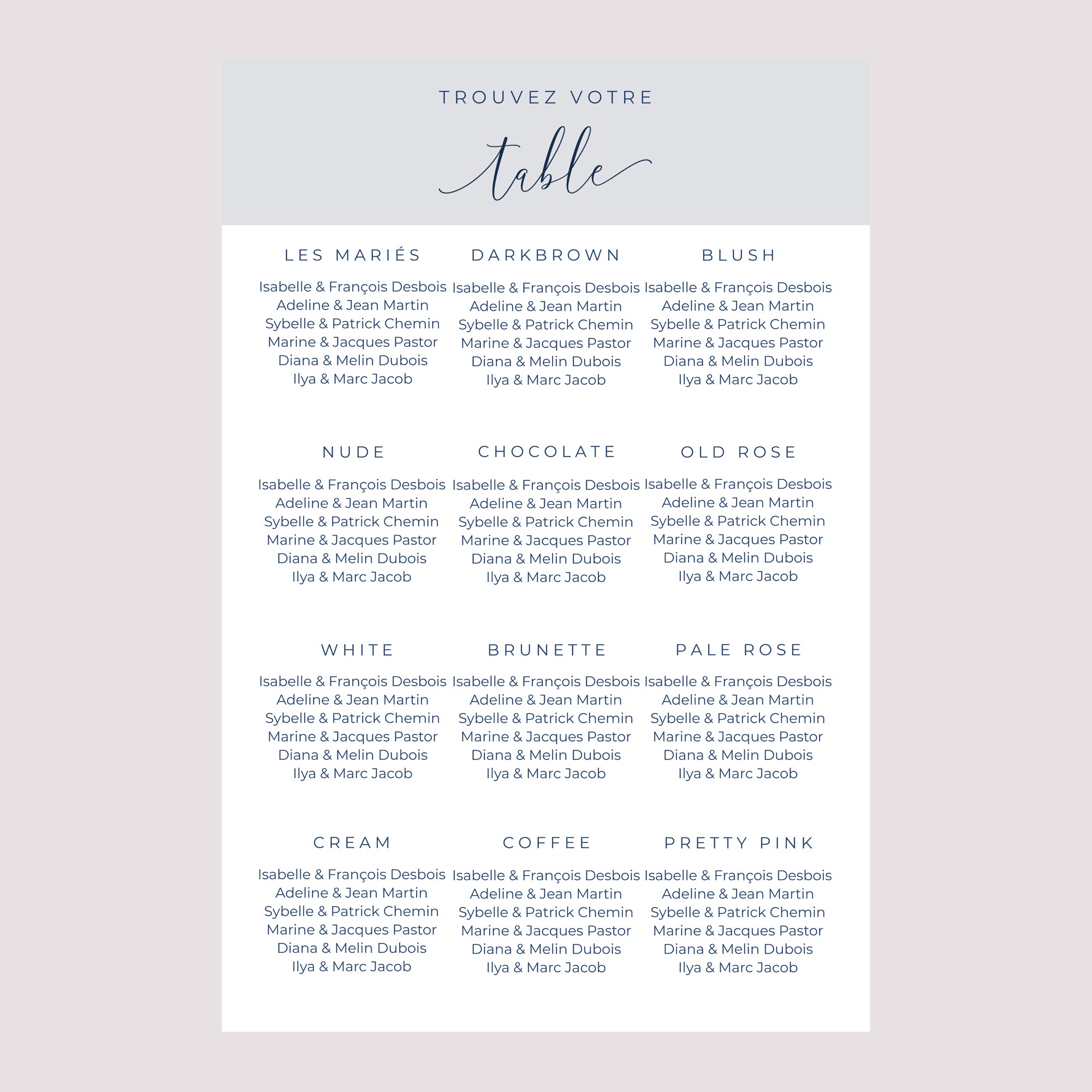 Plan de table Mariage Portrait 60 x 90 cm Nude & Marine Chic photo N° 2