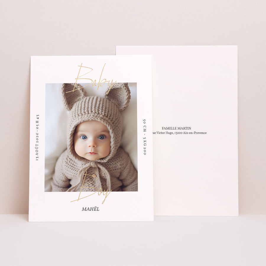 Faire-part Naissance Portrait Baby Boy Gold photo