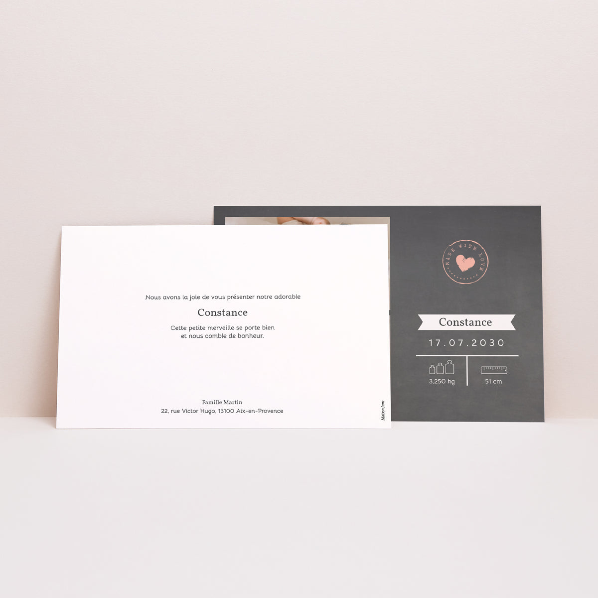 Faire-part Naissance Paysage Ardoise & Coeur Rose photo N° 2