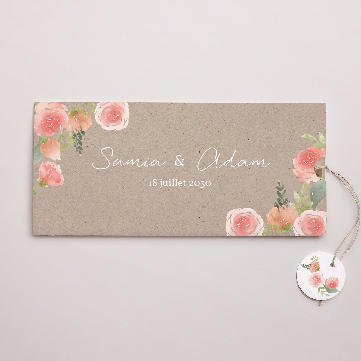Faire-part Mariage Pochette 2 cartes, étiquette Champêtre Pêche photo N° 1