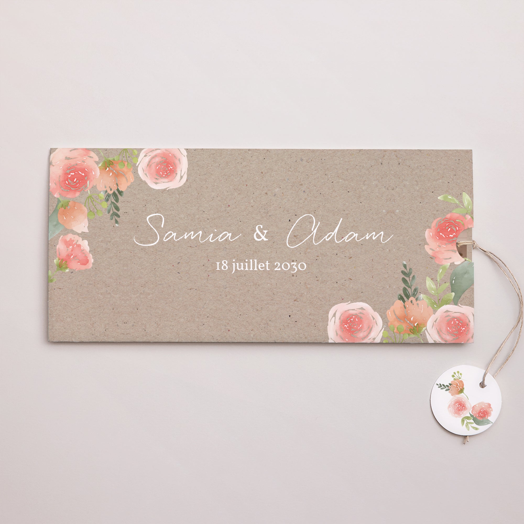 Faire-part Mariage Pochette 2 cartes, étiquette Champêtre Pêche photo N° 1