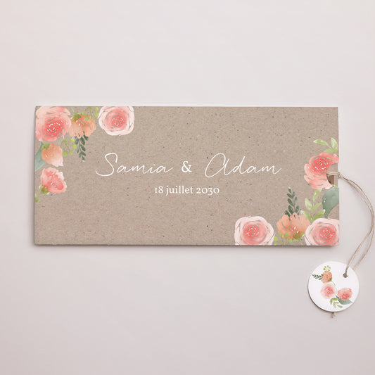 Faire-part Mariage Pochette 2 cartes, étiquette Champêtre Pêche photo