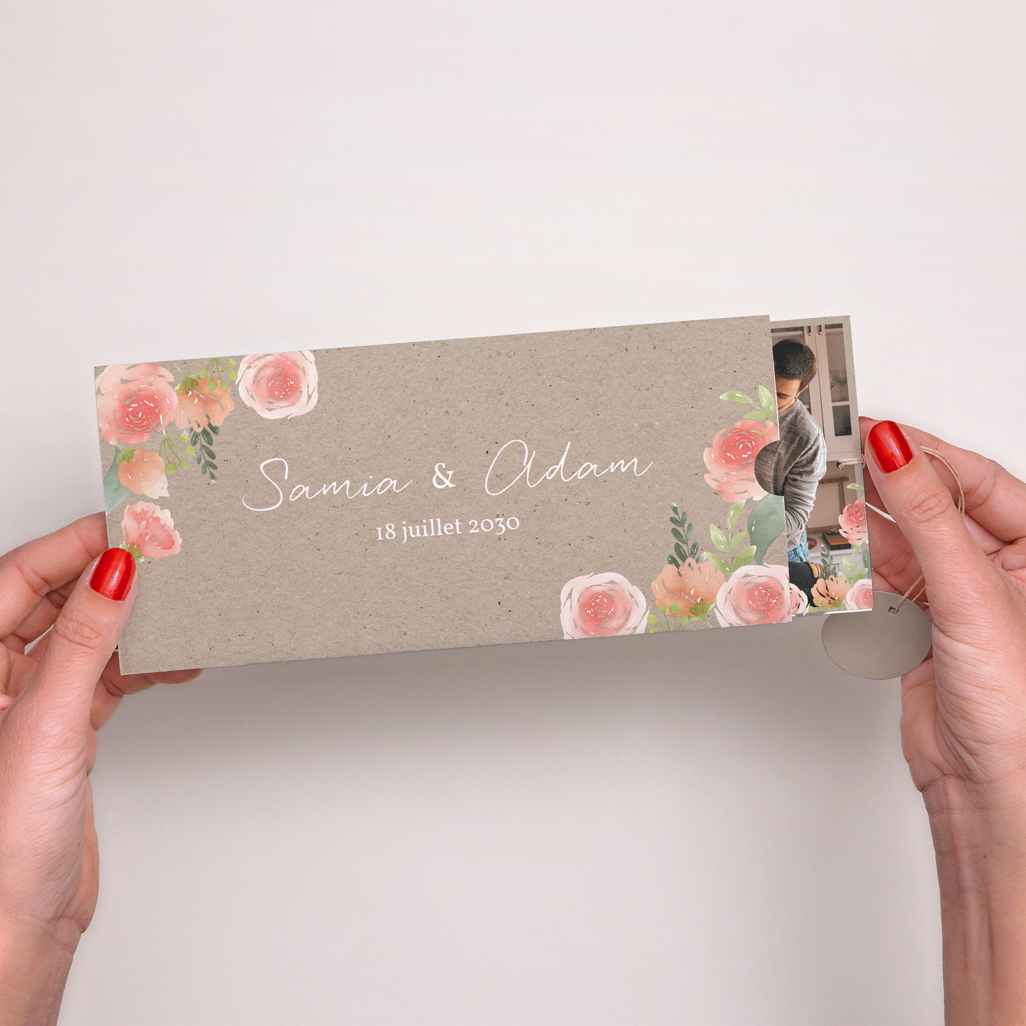 Faire-part Mariage Pochette 2 cartes, étiquette Champêtre Pêche photo N° 2